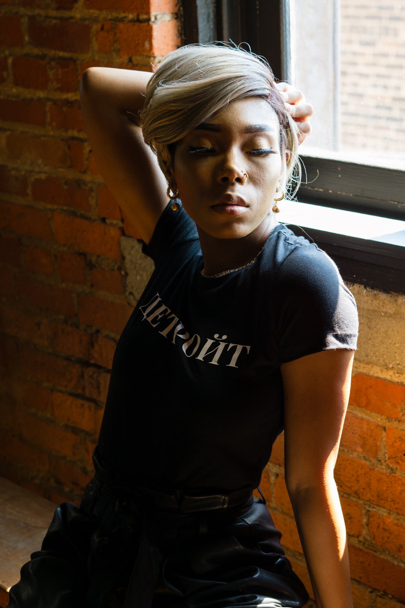 the detroiter || Black Long Form-fitting Detroiter Cyrillic Women's Tee