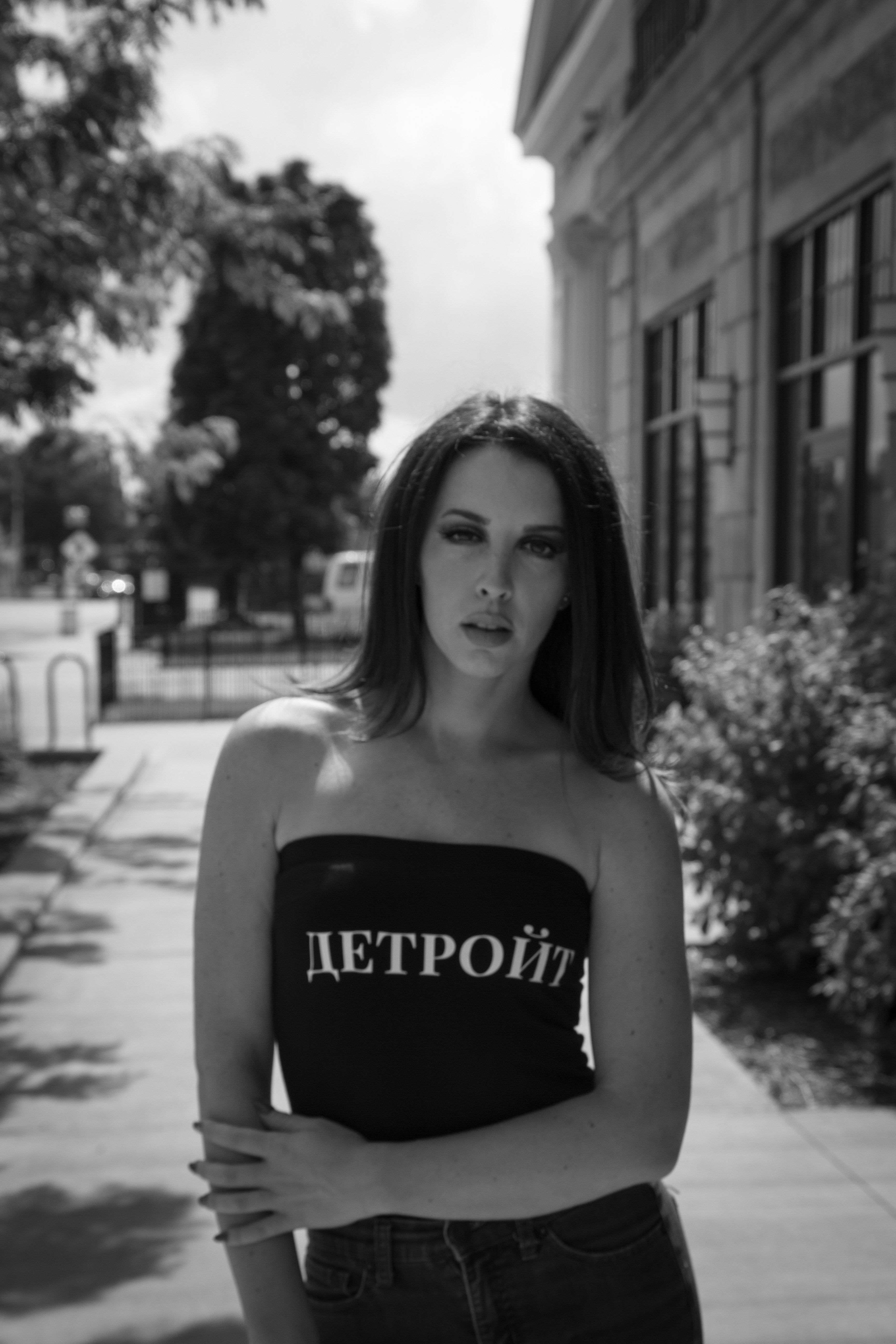 the detroiter || women's Cyrillic detroit brand black strapless bodysuit