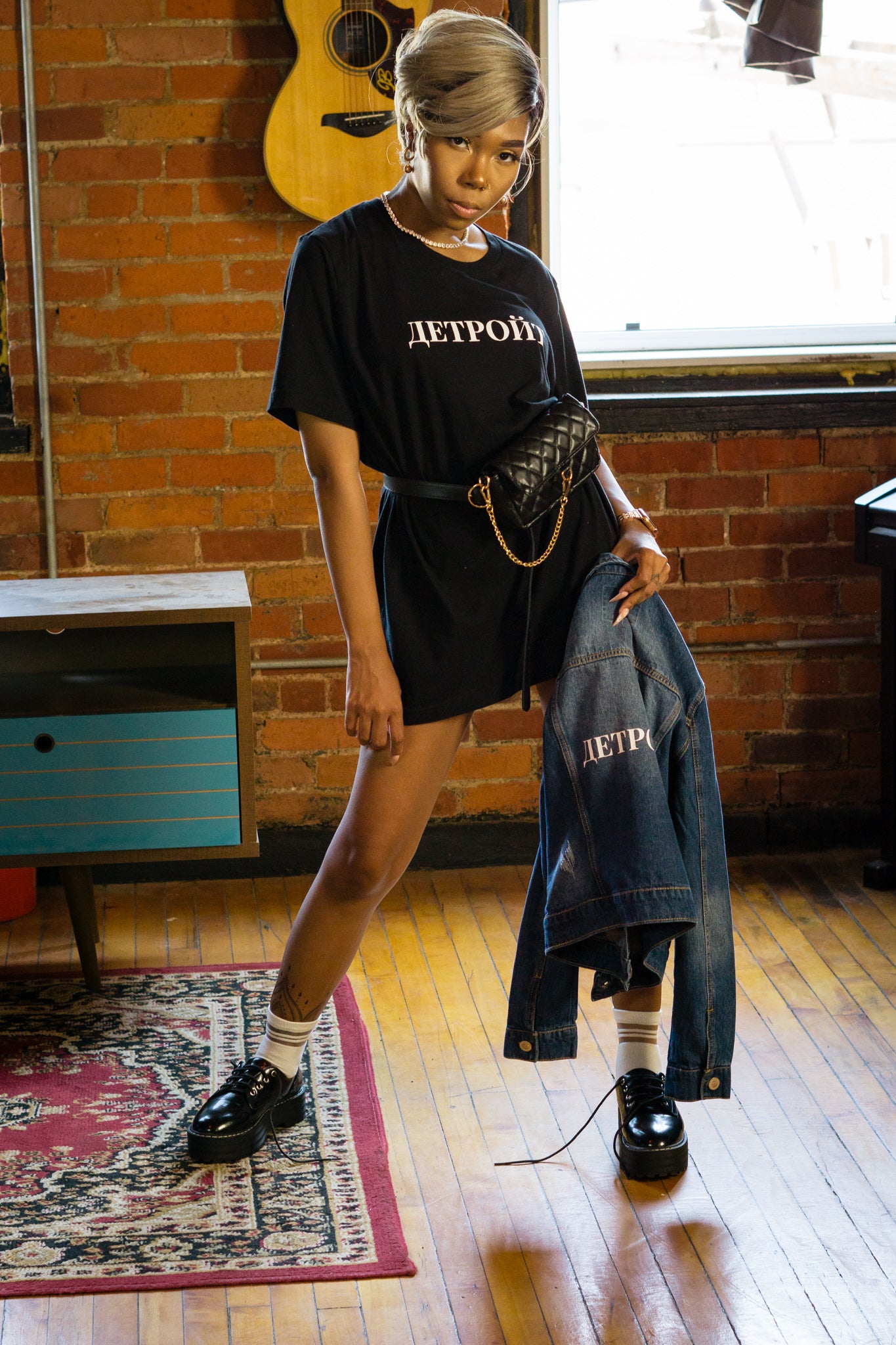 the detroiter || women's black t-shirt dress with Cyrillic Russian Slogan
